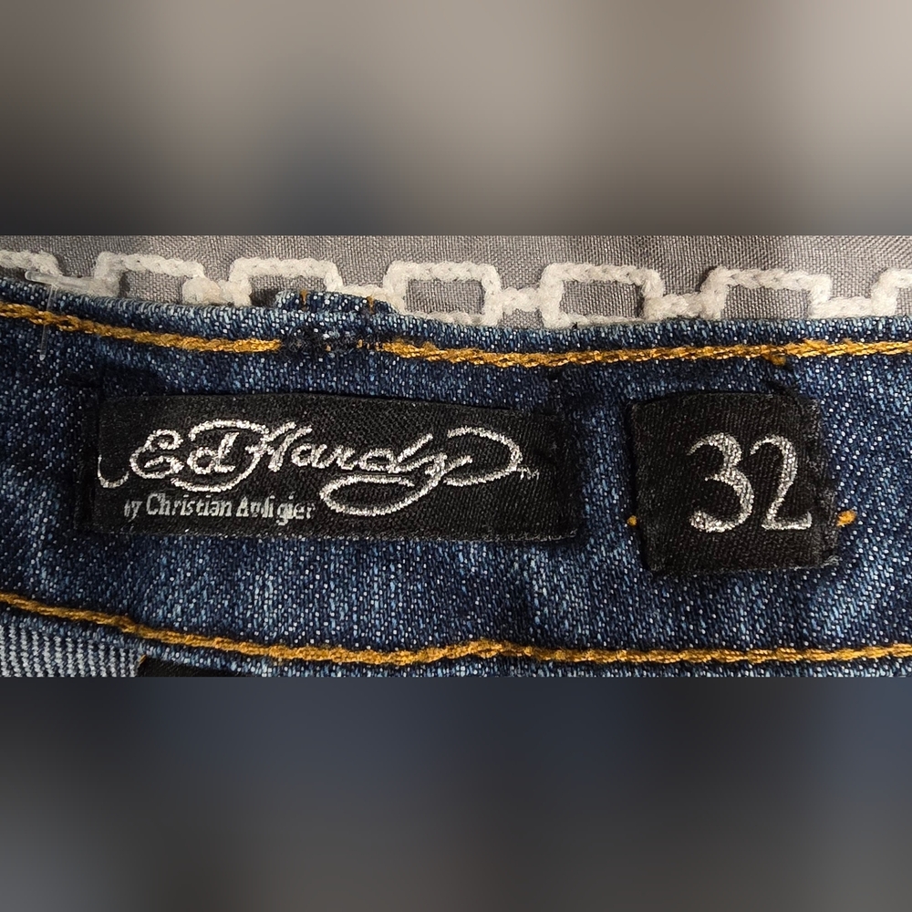 Vintage Ed Hardy Christian Audigier Flare Bedazzled Pocket Jeans Size 32 - Picture 9 of 9